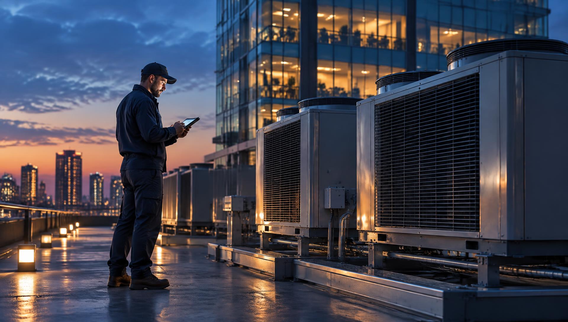 Técnico revisando equipos de un edificio comercial al atardecer